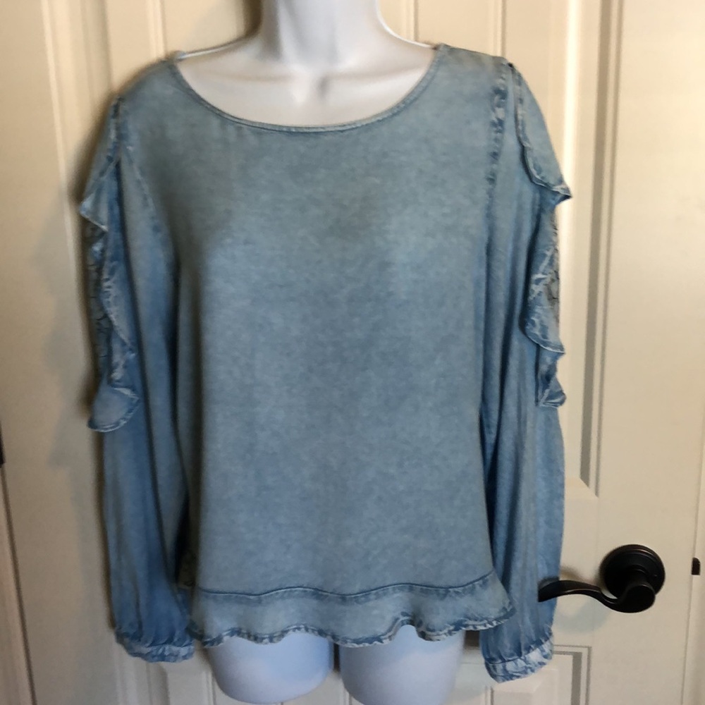 Cutest Denim Blue Lace Sleeve Top. Never been worn…excellent condition.